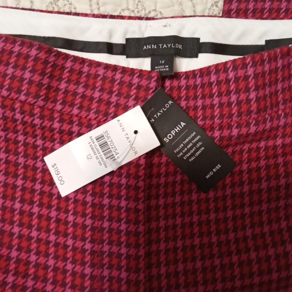 NWT! Ann Taylor Sophia Pants In Pink Houndstooth - Picture 4 of 10